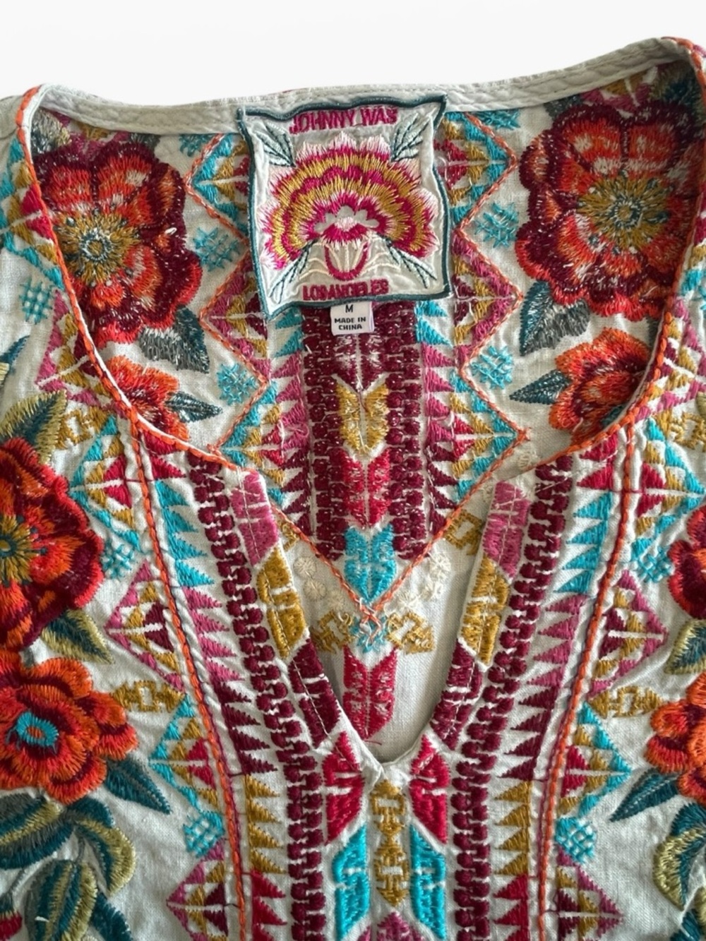 Johnny Was Linen Embroidered Boho Blouse Floral Tunic Top Relaxed Fit - Picture 15 of 16